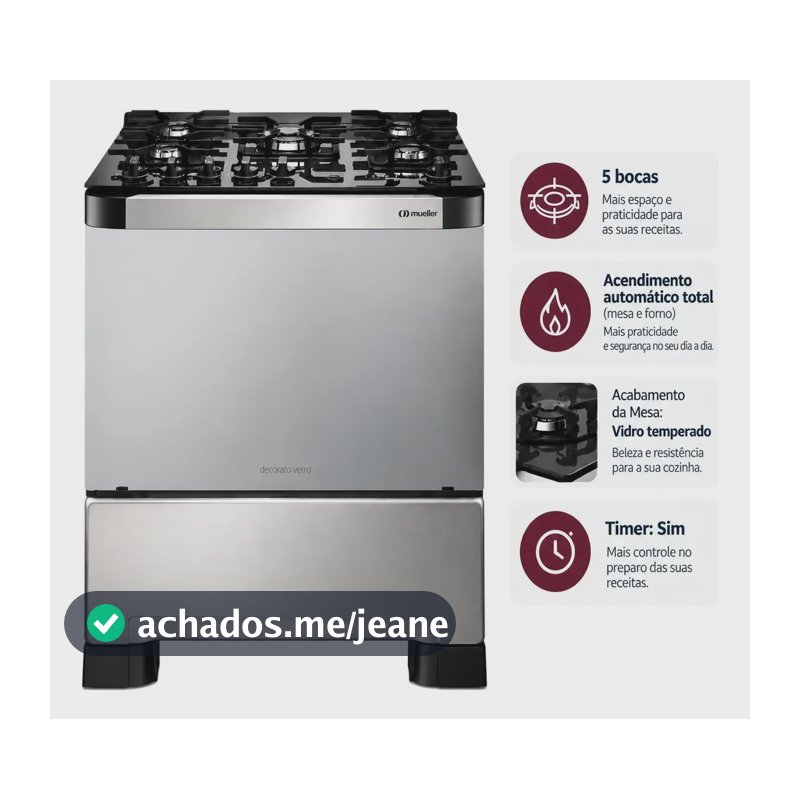 Fogão 5 Bocas Mueller Decorato Vetro Inox Com Timer-bivolt Cinza 127/220v