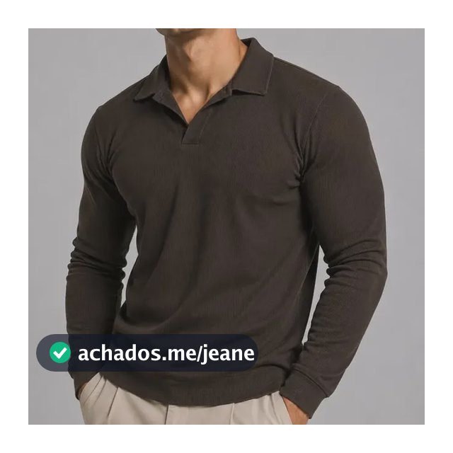Camisa Polo Masculina Manga Longa Canelada Sem Botão Marrom Liso M