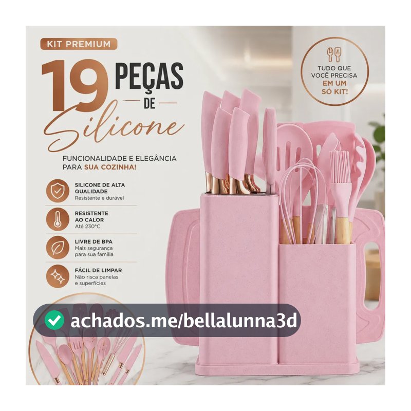 Kit Utensílios de Cozinha 19 Peças em Silicone com Cabo de Madeira Rosa para Panelas Antiaderentes – Shokki