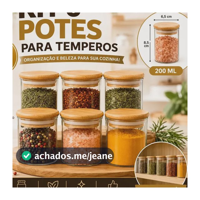 Kit 6 Pote de Vidro com Tampa Bambu 200ML Potes Herméticos Porta Mantimento Hermético à Prova Odores