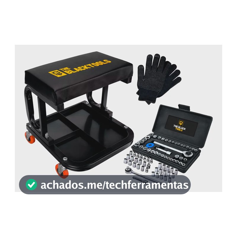 Banqueta Banquinho Mecânico Assento Fixo Até 140kg Oficina Bbm100 The Black Tools + Jogo Soquetes 40 Peças E Luva