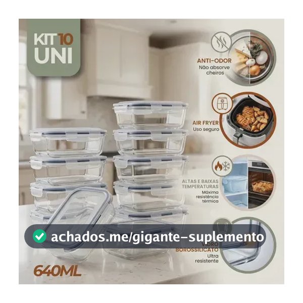 Kit 10 Potes Vidro Hermetico Vai Ao Forno Microondas 640ml Marmita Hermético Freezer Fitness Rishon Azul-escuro