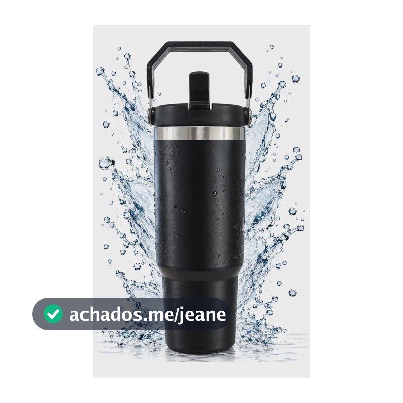 Garrafa Térmica Copo Inox Alça Tampa T. Flip Canudo 900ml Preto