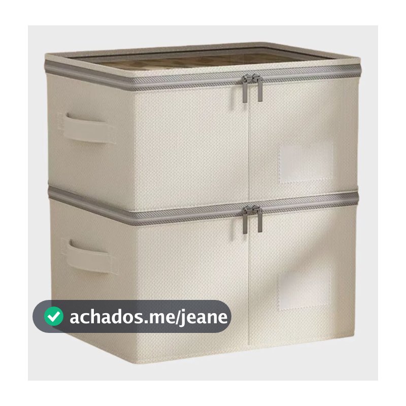 Kit Caixa Organizadora Zíper Linho Algodão M Dobrável 2pcs Bege Lisa