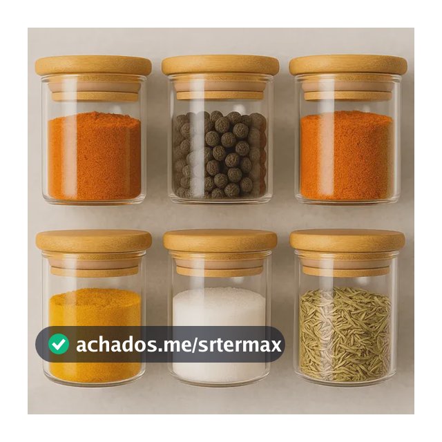 Kit 6 Potes Vidro Hermetico Com Tampa Bambu Redondo 200ml Cereais Alimentos Tempero Mantimentos Muug