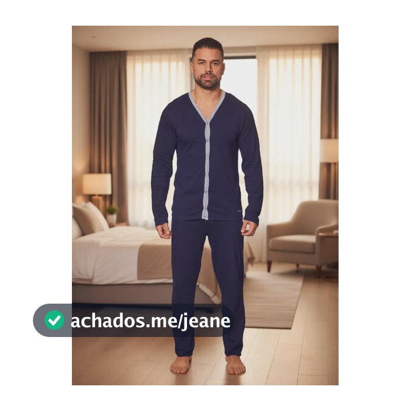 Pijama Mash ALG. Ml C/ Botão + Calça Elástico Embutido Azul-marinho Liso M