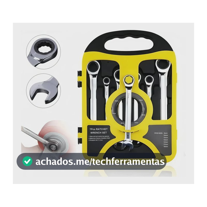 Chave Combinada Catraca Jogo Chaves 7pcs Cabeça Móvel 8-19mm Prateado