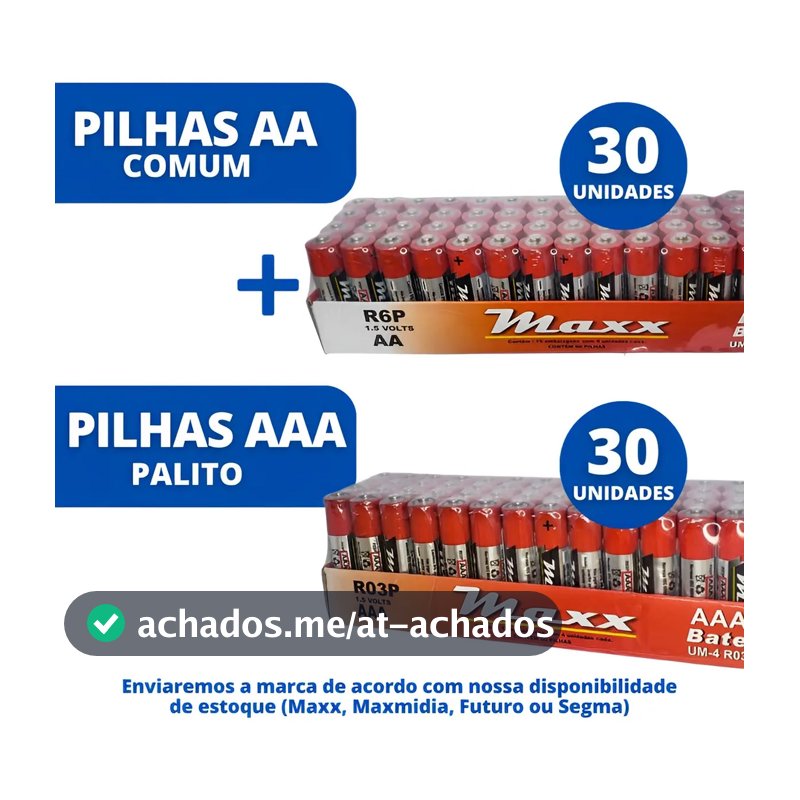 Kit De Pilhas 30uni Comum Aa + 30 Uni Palito Combo Aaa