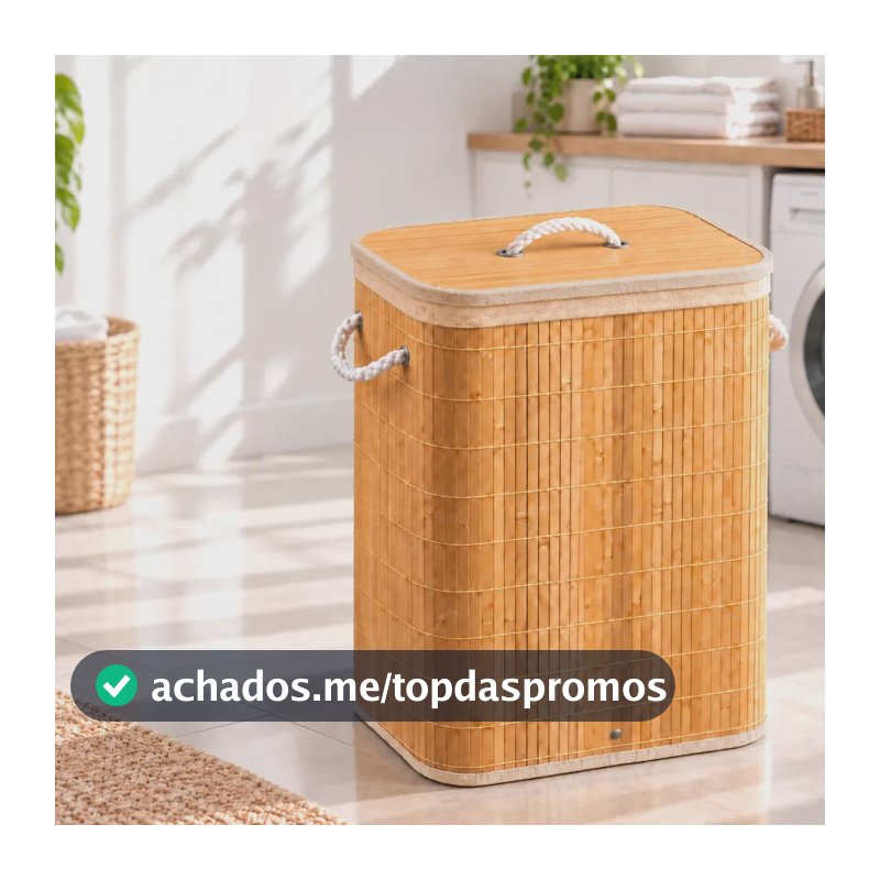 Cesto Bambu Organizador Roupa Suja Banheiro Lavanderia com Forro Removível Dobrável Decoração Casa Multifuncional Armazenamento Toalha Brinquedo Quarto Residencial Elegante Prático Resistente