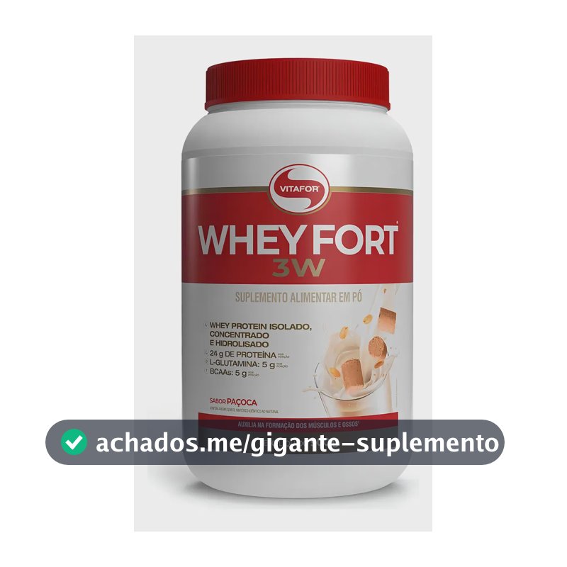 Suplemento Proteico Vitafor Whey Fort 3W Sabor Paçoca Proteínas Concentrada, Isolada e Hidrolisada Pote 900g