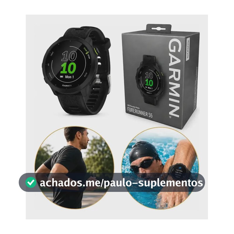 Relógio Garmin Forerunner 55 Monitor Cardíaco Gps 42mm Preto Corrida Caminhada Ciclismo Natação Monitoramento Sono Pace Calorias Distância Cronômetro Resistente Leve Esportivo Unissex Com Gps Rápido