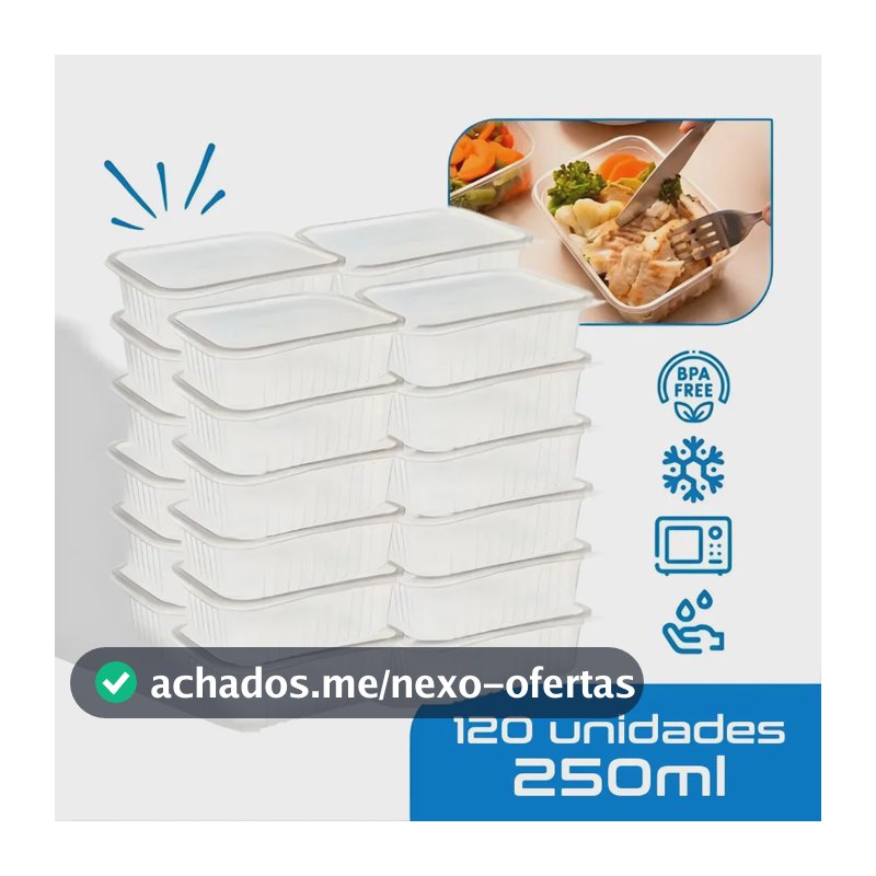 120 Marmitas 250ml Comida Fitness Pote Descartável Retangular Plástico Freezer Microondas Com Tampas - Montza