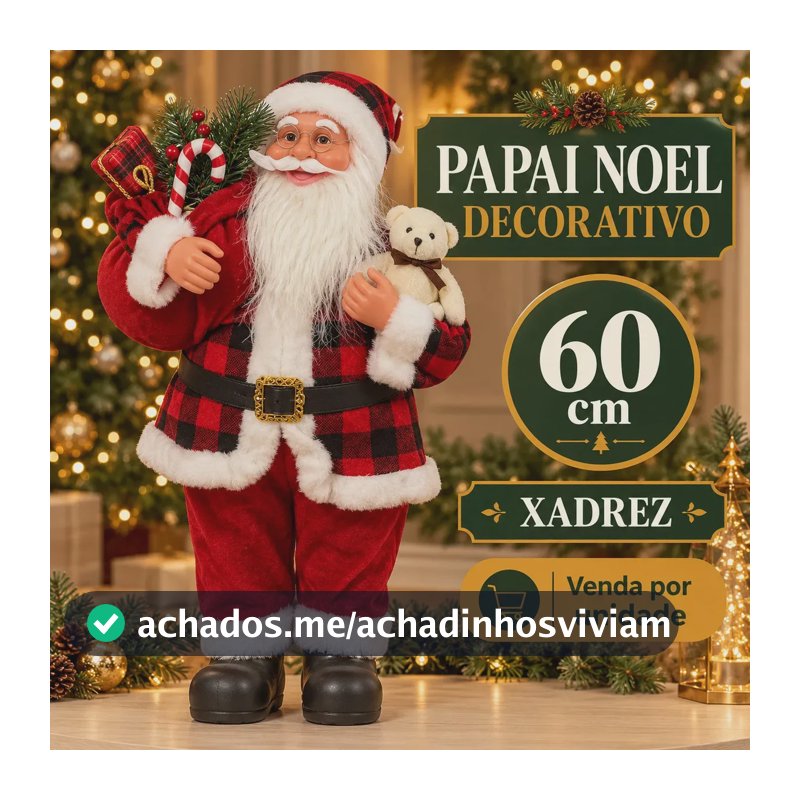 Papai Noel Decorativo 60cm Xadrez Enfeite Decoração de Natal Árvore de Natal Tecido Pelúcia Luxo Grande LuvinCo