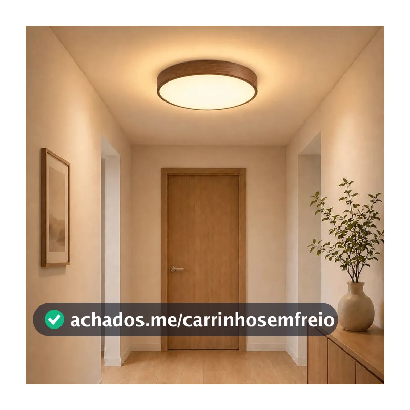 Plafon LED Luminária de Teto Sobrepor Amadeirado Efeito Madeira 24W 38cm Bivolt, Redondo Ultrafino, Luz Tricolor 3 Cores IRC 90+, para Sala, Quarto, Escritório, Corredor, Banheiro e Hall
