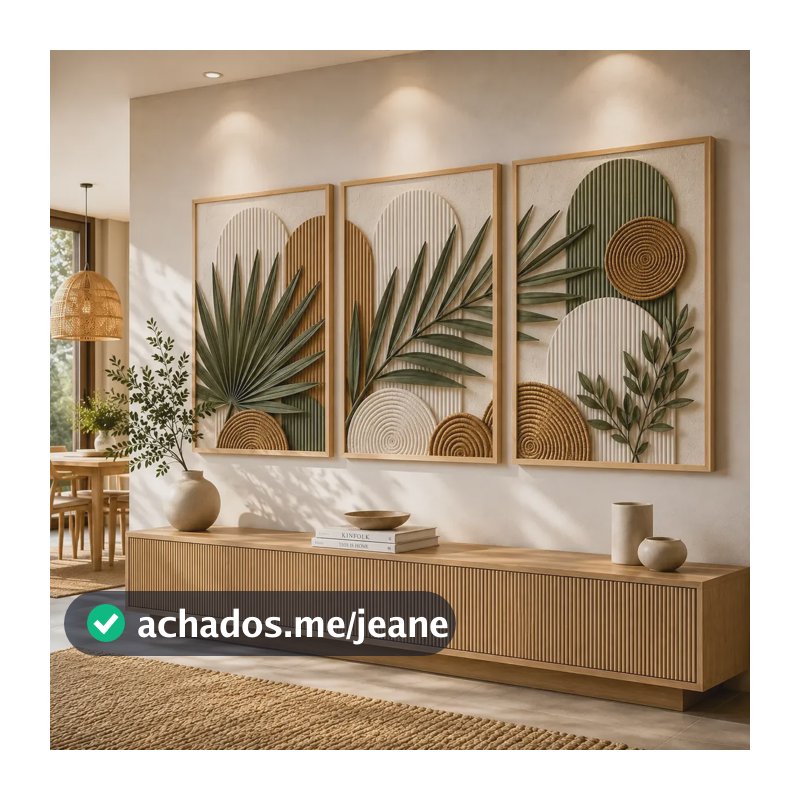 Quadro Decorativo Trio Folhagem Botânica Com Moldura Grande Bege