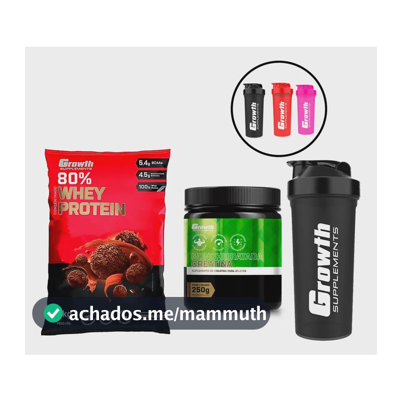 Kit Whey + Creatina Monohidratada E Coqueteleira Growth Sabor Brigadeiro