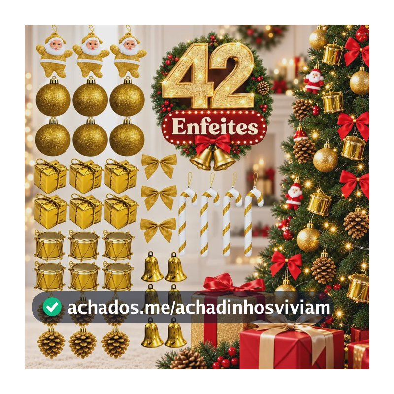 Kit 42 Enfeites Decoração De Natal Árvore Papai Noel 3 Cores Dourado