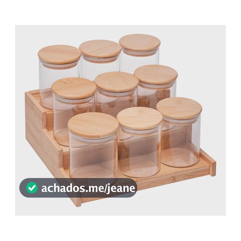 Cj 9 Porta Mantimentos Tampa Bambu 22,5x22x8,5cm Vidro Wolff