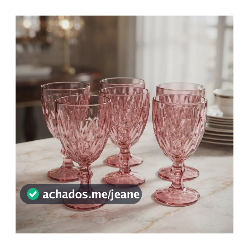 Jogo De 6 Taças Diamante Copo Vidro 330ml Agua Vinho Rosa