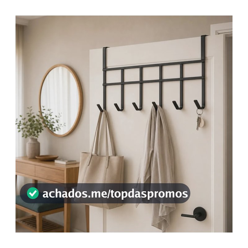 Suporte Cabide Porta 6 Ganchos Encaixe Porta Pendura Roupas Acessórios Quarto Banheiro Cozinha Metal Green Clean Preto