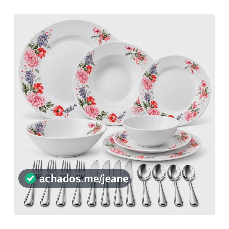 Jogo de Jantar Planeta Andrômeda Florido 28 Peças, em Opalina e Inox, para 4 Pessoas