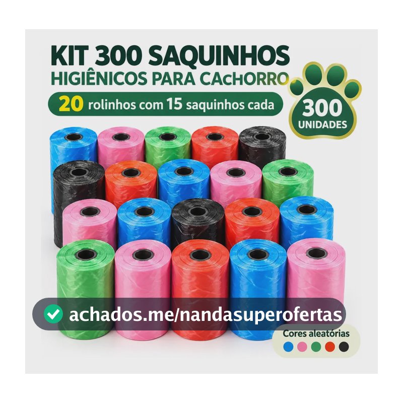 Kit de Saquinhos Higiênicos para Cão e Gato Colorido com 300 Unidades Coreoza