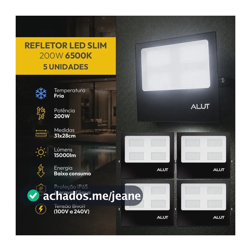 Kit 5 Refletor Led Slim Externo 200w 6500k Branco Frio Ip66 110v/220v Bivolt Preto Cod: ALUT000702-5 Alut By Avant