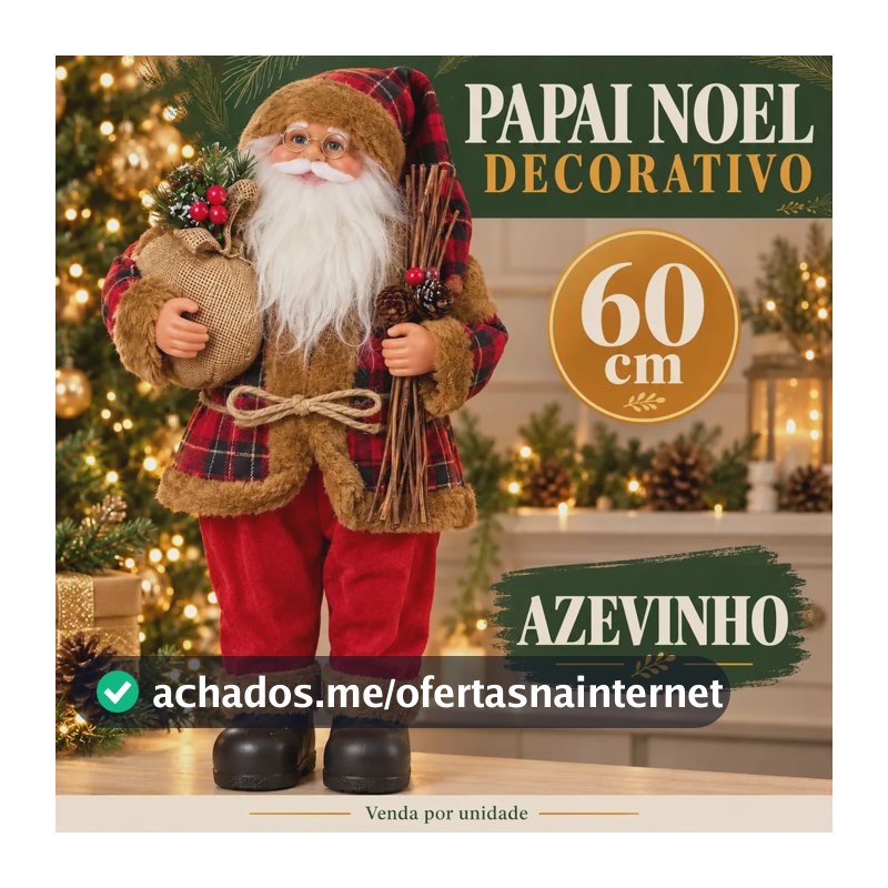 Papai Noel Decorativo 60cm Azevinho Enfeite Decoração de Natal Árvore de Natal Tecido Pelúcia Luxo Grande LuvinCo
