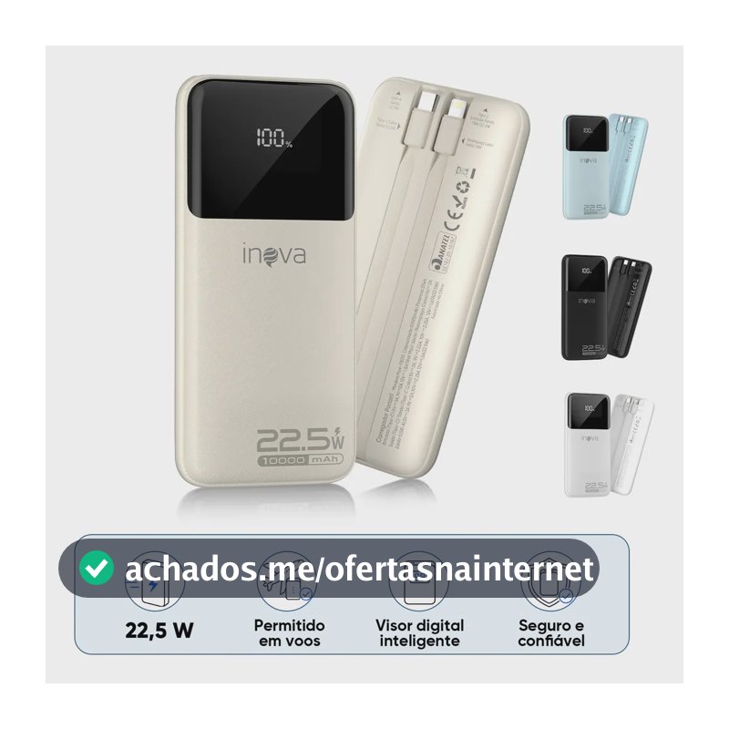 Carregador Portátil Inova Power Bank 10000mAh para iPhone e Samsung Com Carregamento Rápido de 22.5W