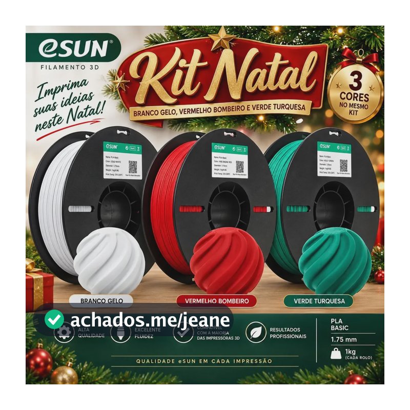 Kit Natal Com 3 Filamentos Esun Pla Basic 1,75mm Branco Gelo-vermelho Bombeiro-verde Turquesa