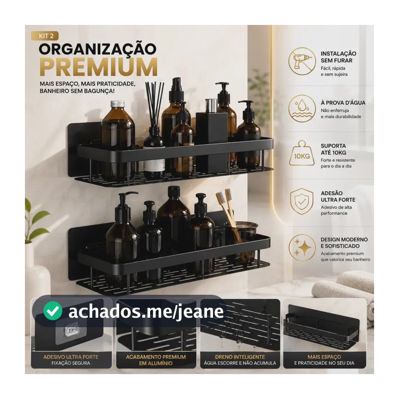 Kit 2 Suporte Porta Shampoo Sabonete Prateleira Banheiro Adesivo Parede Sem Furar Box Luxo Pétalas Douradas Organizador Alumínio Preto Antiferrugem Premium