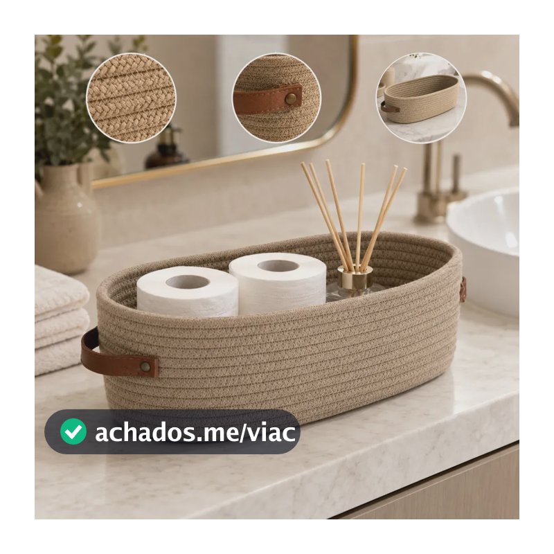Cesto Organizador Multiuso Em Algodão Trançado Decorativo Premium Com Alças De Couro Para Brinquedos E Roupas