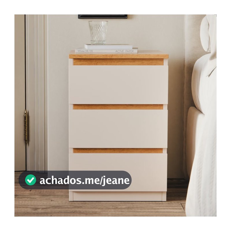 Mesa De Cabeceira Retrô Com 3 Gavetas Criado Para Quarto Laqueado Off White/freijó