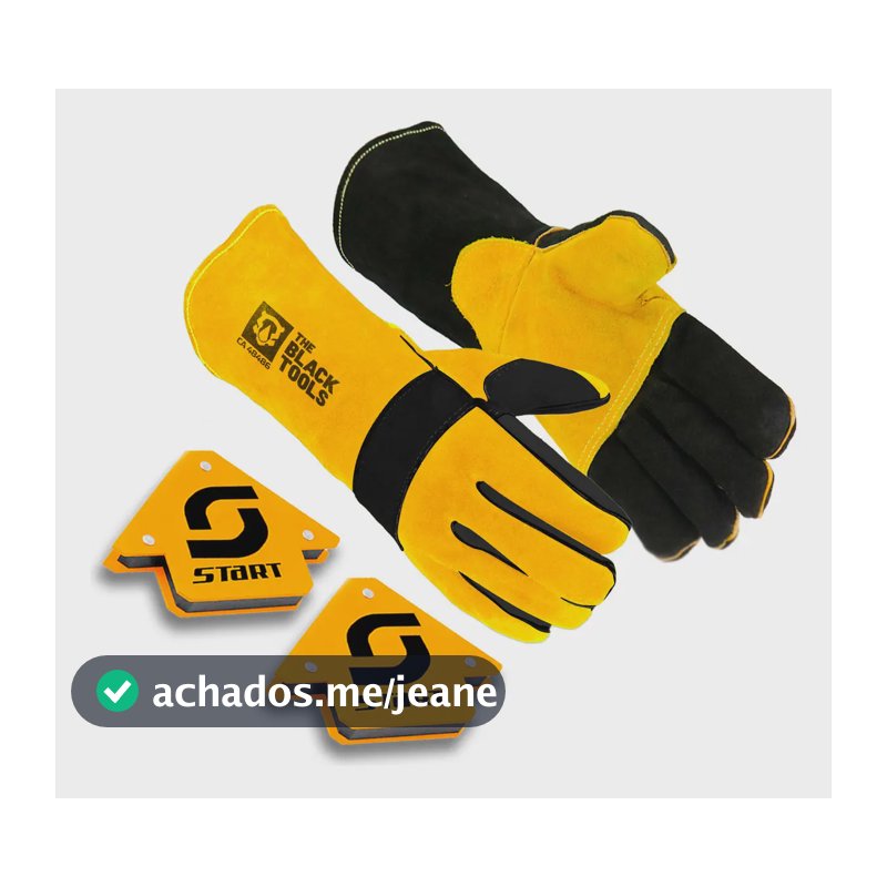 Luva De Segurança Para Soldador Em Raspa Proteção Cano Longo 32cm - The Black Tools + Esquadro Magnético De Solda 12 Kg - Start