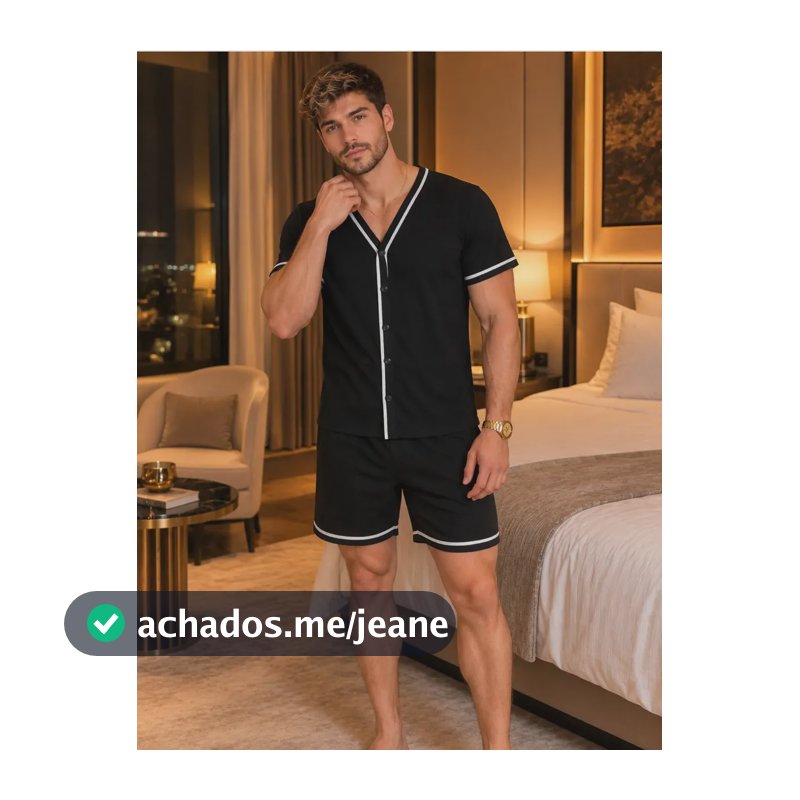 Pijama Americano De Verão Masculino Manga Curta Short Preto G