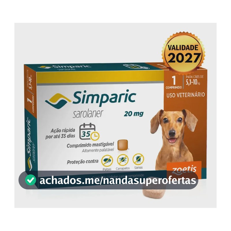 Simparic 20mg Antipulgas Para Cães 5.1 A 10kg Zoetis 1 Comprimido