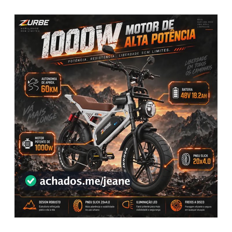 Bicicleta Elétrica Zurbe S20 Pro de 1000W com Bateria Removível de 48V e Aro 20
