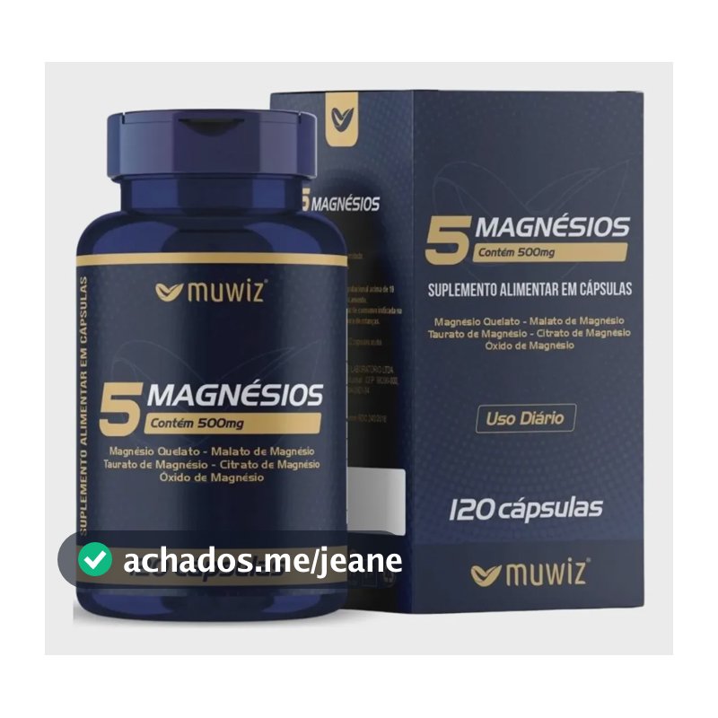 5 Magnésios ( Magnésio Quelato + Magnésio Malato + Taurato De Magnésio + Citrato De Magnésio + Óxido De Magnésio ) 120 Cápsulas MUWIZ
