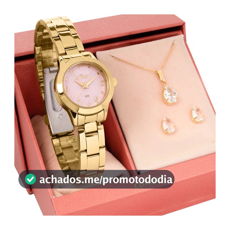 Relógio Feminino Condor Dourado Fundo Rosa Com Conjunto Semi-joia Co2036mxe/k4t