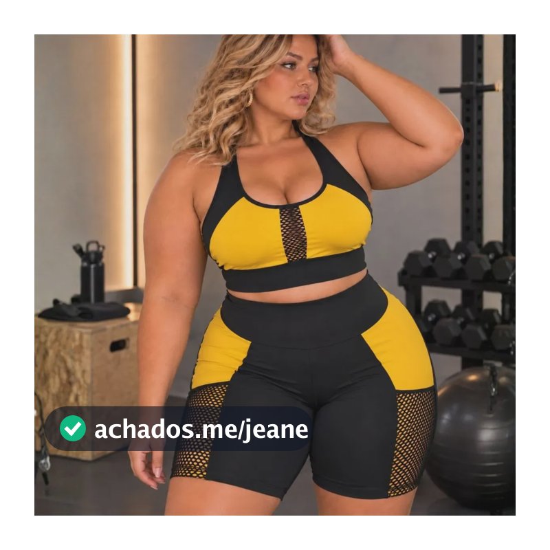 Conjunto Academia 44 Ao 54 Plus Size Short Bolso Tela Amarelo Exgg(52/54)