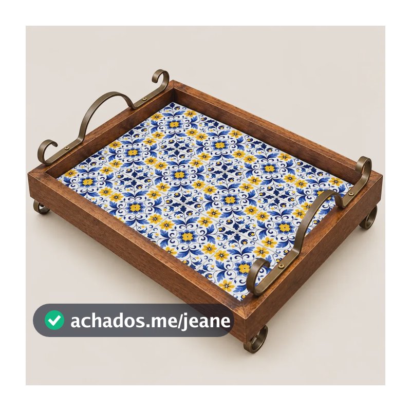 Bandeja Decorativa Madeira Azulejo Cozinha Flor Arabesco Tons De Azul/ Moldura Marrom