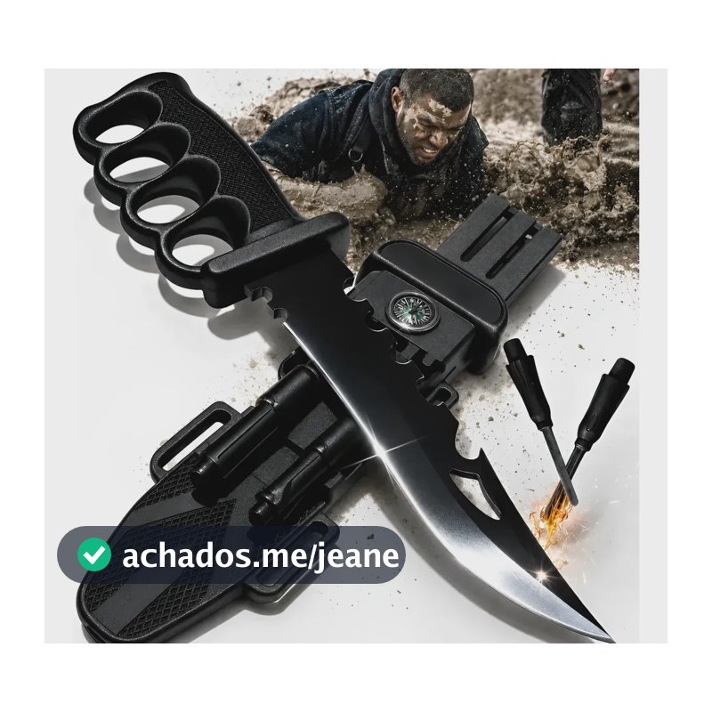 Faca Tática Sobrevivência 33cm Aço 440c Ultra Afiada Com Soco Inglês Bússola Apito Pederneira Afiador Bainha Militar Camping Caça Pesca Trilha Emergência Resgate Selva Outdoor Combate