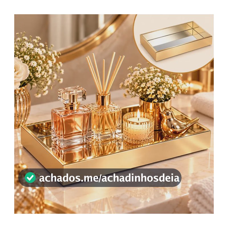 Bandeja Espelhada Decorativa Lavabo Aparador Dourada Premiun Dourada Com Espelho Espelhada