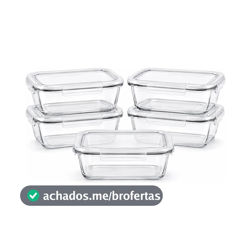 Kit 5 Potes Herméticos Vidro Transparente Retangular 1040ml Marmita Micro-ondas Cozinha