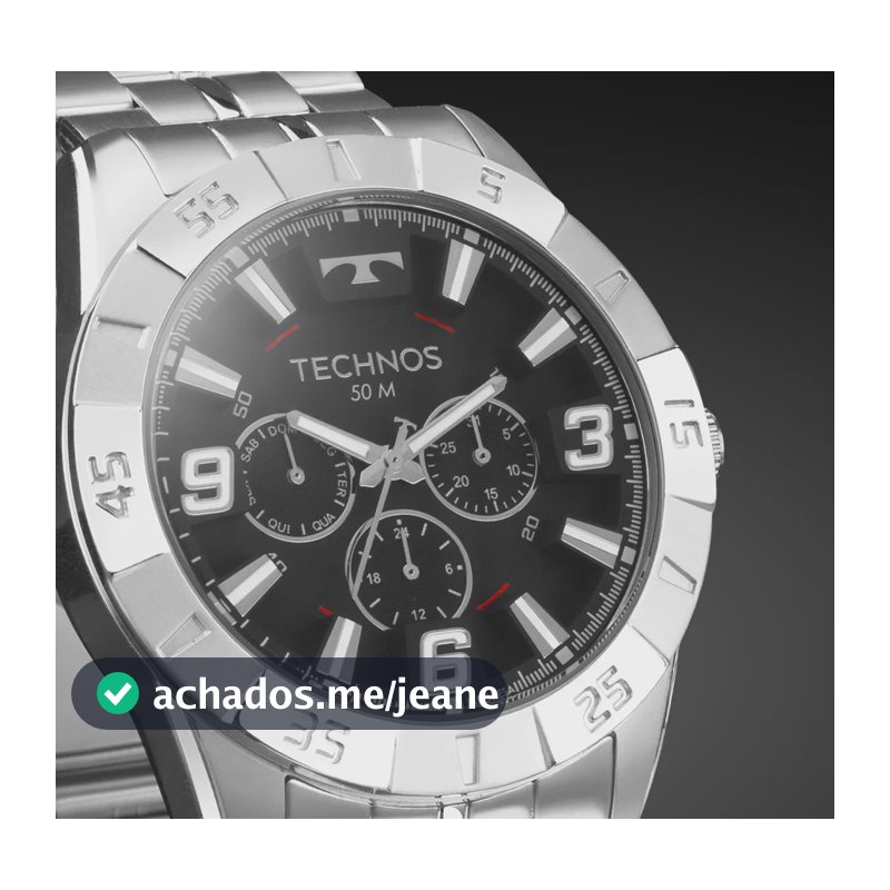 Relógio Technos Racer Aço Inox Prata Mostrador Preto Resistente Água 50m