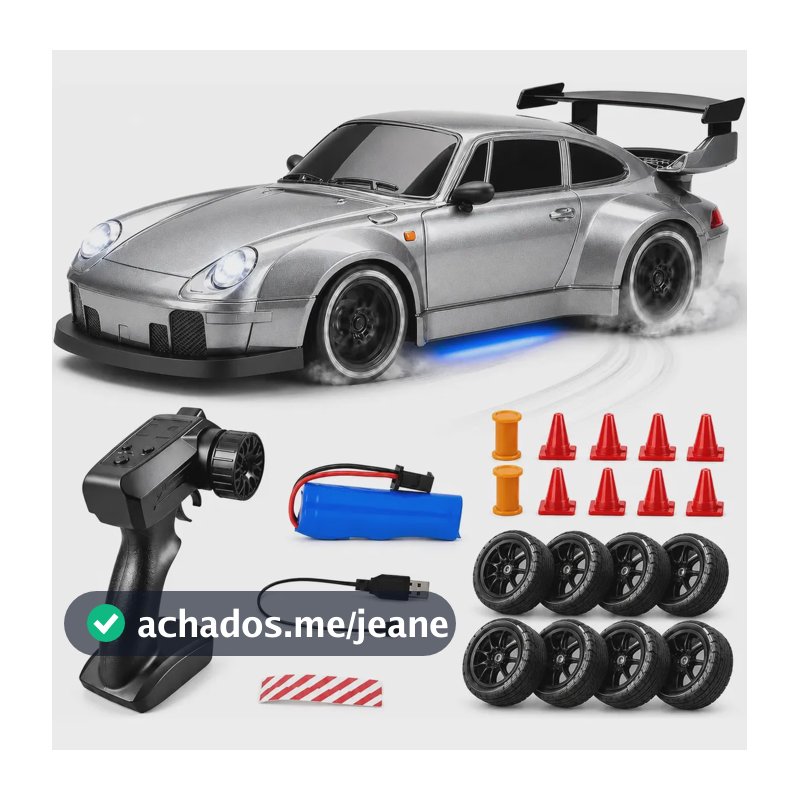 Carrinho De Controle Remoto Porsche Drift 4x4 Alta Velocidade 20km/h Bateria Recarregavel 2 4ghz Escala 1:24 Com Luzes Led Pneus Extras E Cones De Obstaculos Kizumba Cor Cinza