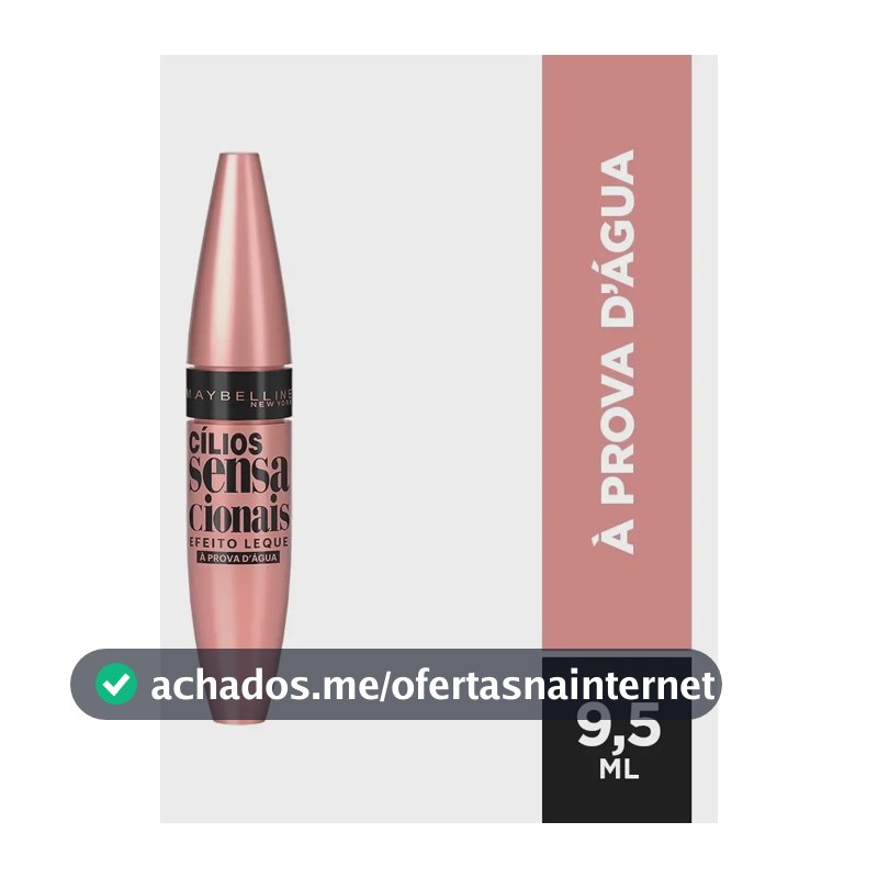 Máscara de Cílios À Prova d'Água, Efeito Leque Volume e Definição Longa Duração, Não Empelota e Não Forma Grumos, Cor Preto Intenso, Cílios Sensacionais Maybelline NY 9,5ml