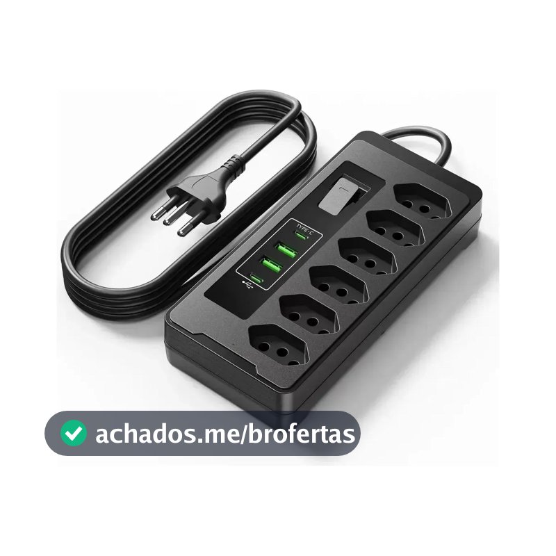 Filtro De Linha Régua Extensão 6 Tomadas E 2 Usb 2 Pd 2500 Watts Equipado Com Um Interruptor De Protecção Automática De Sobrecarga Protetor Elétrico Cabo 2 Metros 10 a Cor Preto-PLUGADO