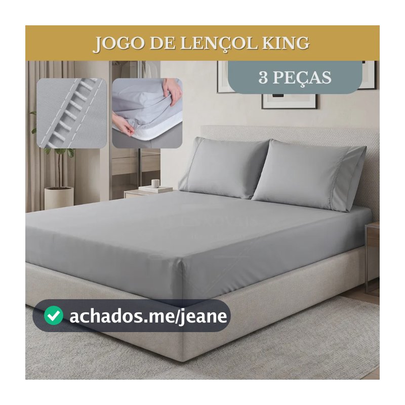 Jogo De Lençol Detalhe Ponto Palito 400 Fios Luxo Conforto Macio King 3 Peças Cor Cinza