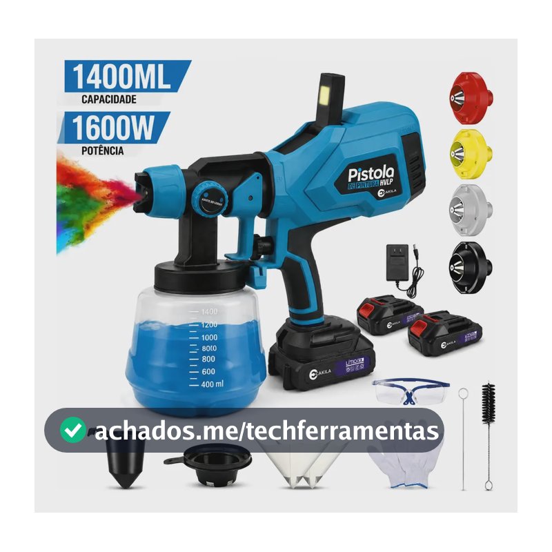 Pistola de Pintura Elétrica HVLP CAKILA Sem Fio Com 2 Baterias Recarregáveis e Reservatório de 1400ml